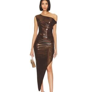 Norma Kamali Drop-shoulder Side Drape Lamé Gown In Chocolate